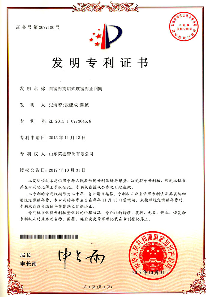 自(zì)密封旋(xuán)啟式軟(ruǎn)密封止(zhi)回閥發(fa)明專利(li)